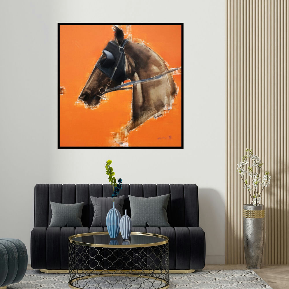 Aditya Shirke's 'A Winning Bet (Focused Gaze)' painting visualized above a sofa in a contemporary room.