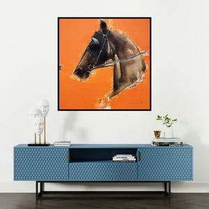 'A Winning Bet (Focused Gaze)' painting by Aditya Shirke shown on a wall in a furnished room.