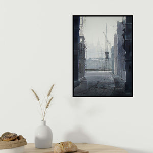 Jiaur Rahman's 'Winter (Industrial Harbor)' painting visualized above a sofa in a contemporary room.