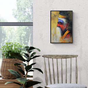 Preview of 'Wisdom Of The Sadhu (The Sage)' Painting by Somnath Bothe shown on a wall in a furnished room.