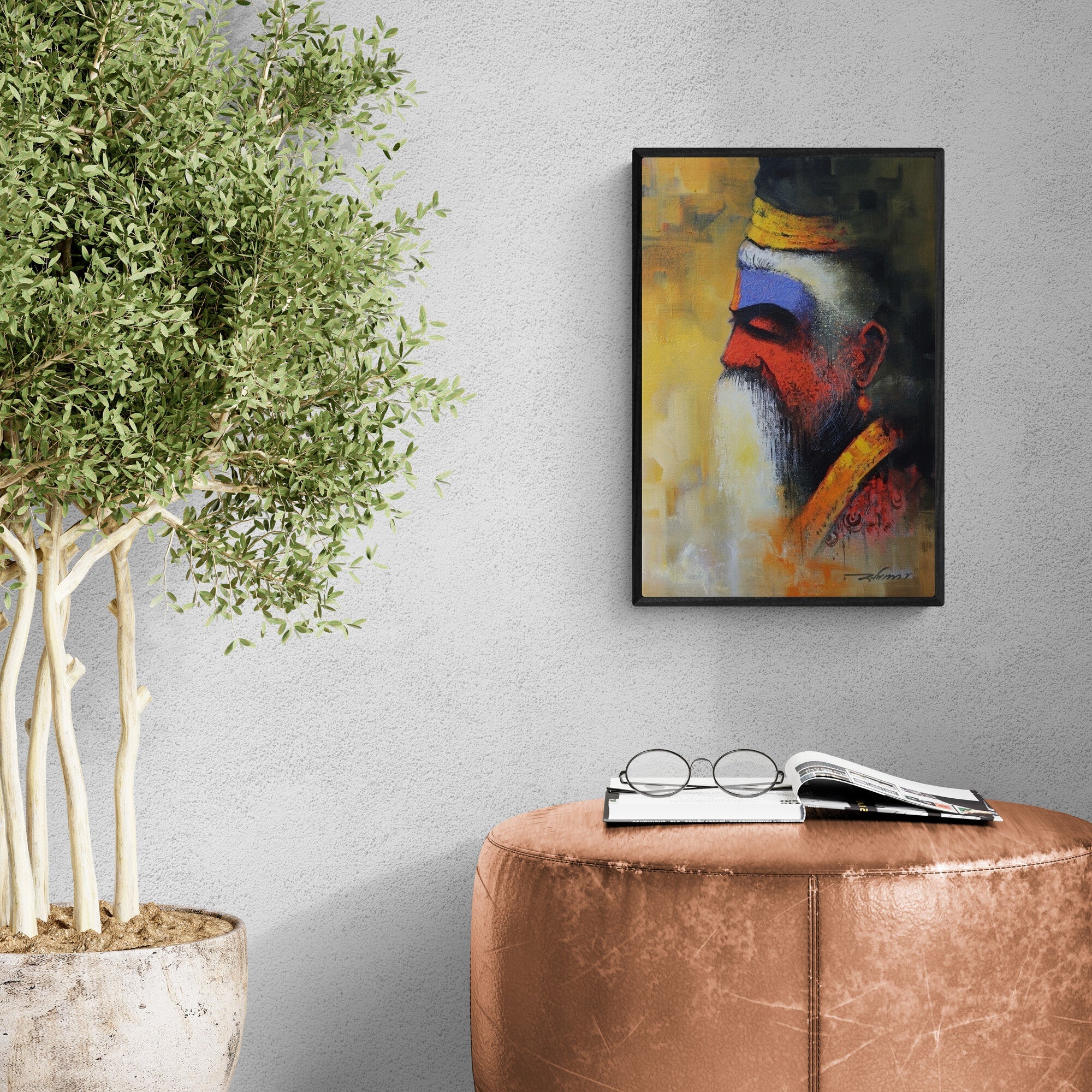 Somnath Bothe's painting 'Wisdom Of The Sadhu (The Sage)' displayed in a modern living room setting