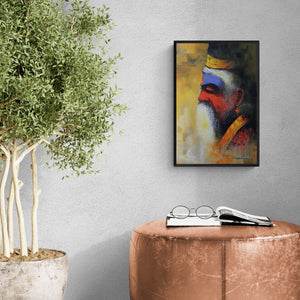 Somnath Bothe's painting 'Wisdom Of The Sadhu (The Sage)' displayed in a modern living room setting