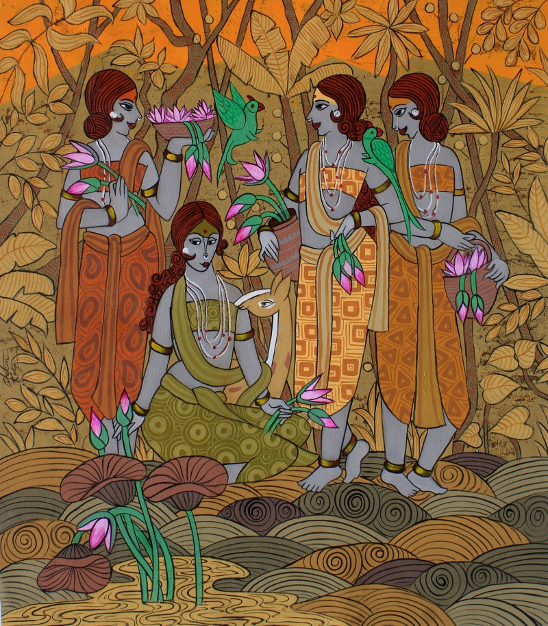 Wishper With The Parrot' figurative acrylic painting by artist Chetan Katigar, 39x34 inch, on canvas