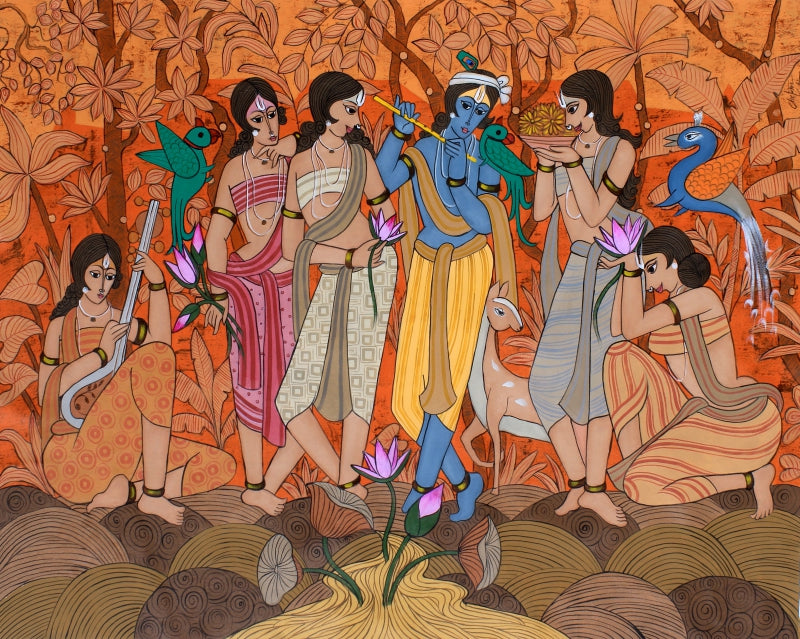 Wishpers Of Vrindavan' religious acrylic painting by artist Chetan Katigar, 52x65 inch, on canvas