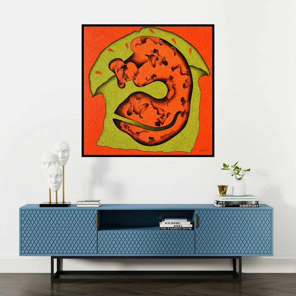 'Within The Home (Sanctuary: A Figurative Abstraction in Red and Green)' painting by Chikmath Fv shown on a wall in a furnished room.