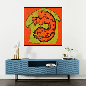 'Within The Home (Sanctuary: A Figurative Abstraction in Red and Green)' painting by Chikmath Fv shown on a wall in a furnished room.