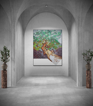 Preview of 'As Within So Without 1 (Tree with Bird)' Painting by Manoj Paturkar shown on a wall in a furnished room.