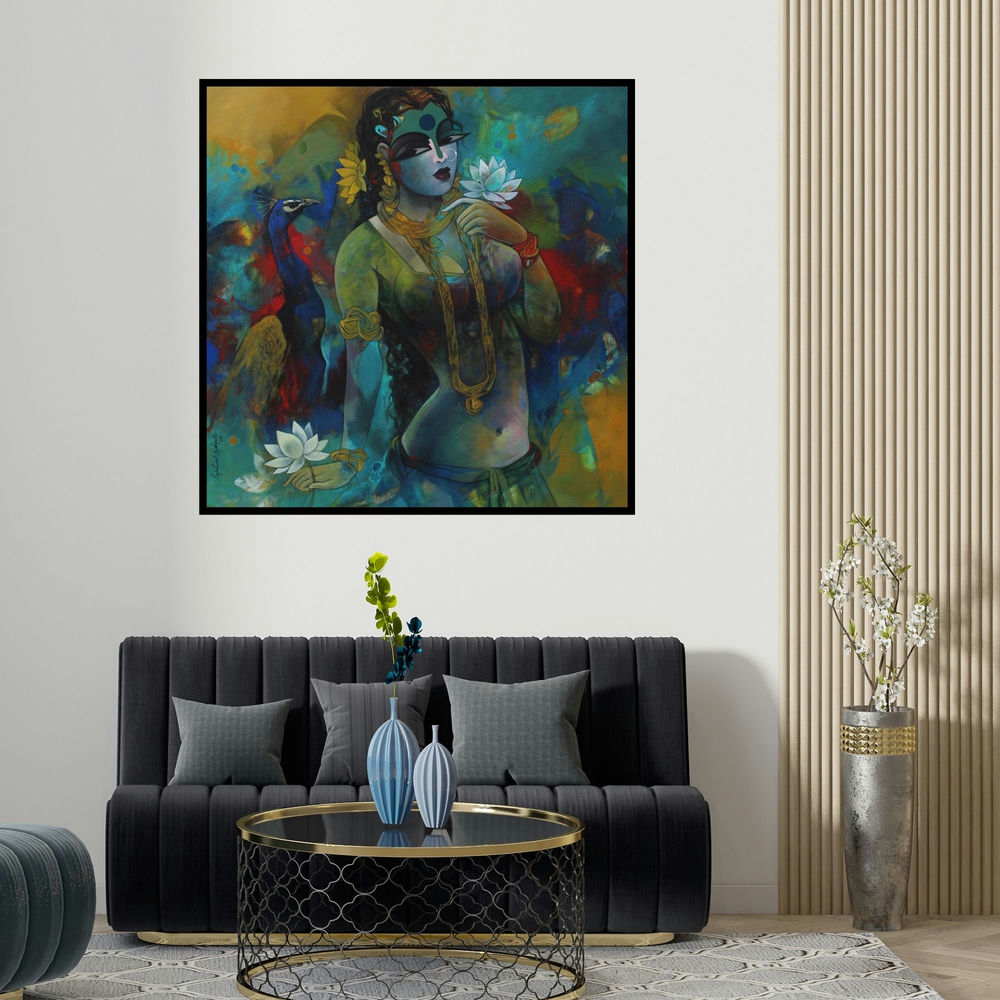 Rajeshwar Nyalapalli's 'Woman' painting visualized above a sofa in a contemporary room.