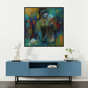 'Woman' painting by Rajeshwar Nyalapalli shown on a wall in a furnished room.