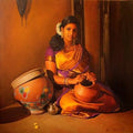 Figurative oil painting titled 'Woman Holding The Pot', 24x24 inches, by artist S  Elayaraja on Canvas