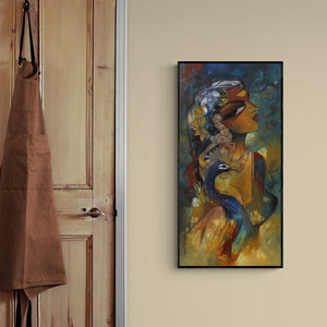 In-situ view of Rajeshwar Nyalapalli's 'Woman With Peacock' painting in a room