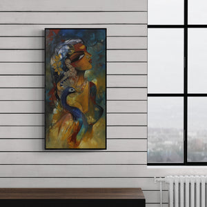 Preview of 'Woman With Peacock' Painting by Rajeshwar Nyalapalli shown on a wall in a furnished room.