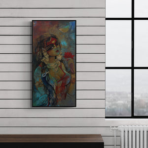 Preview of 'Woman With Pecock' Painting by Rajeshwar Nyalapalli shown on a wall in a furnished room.