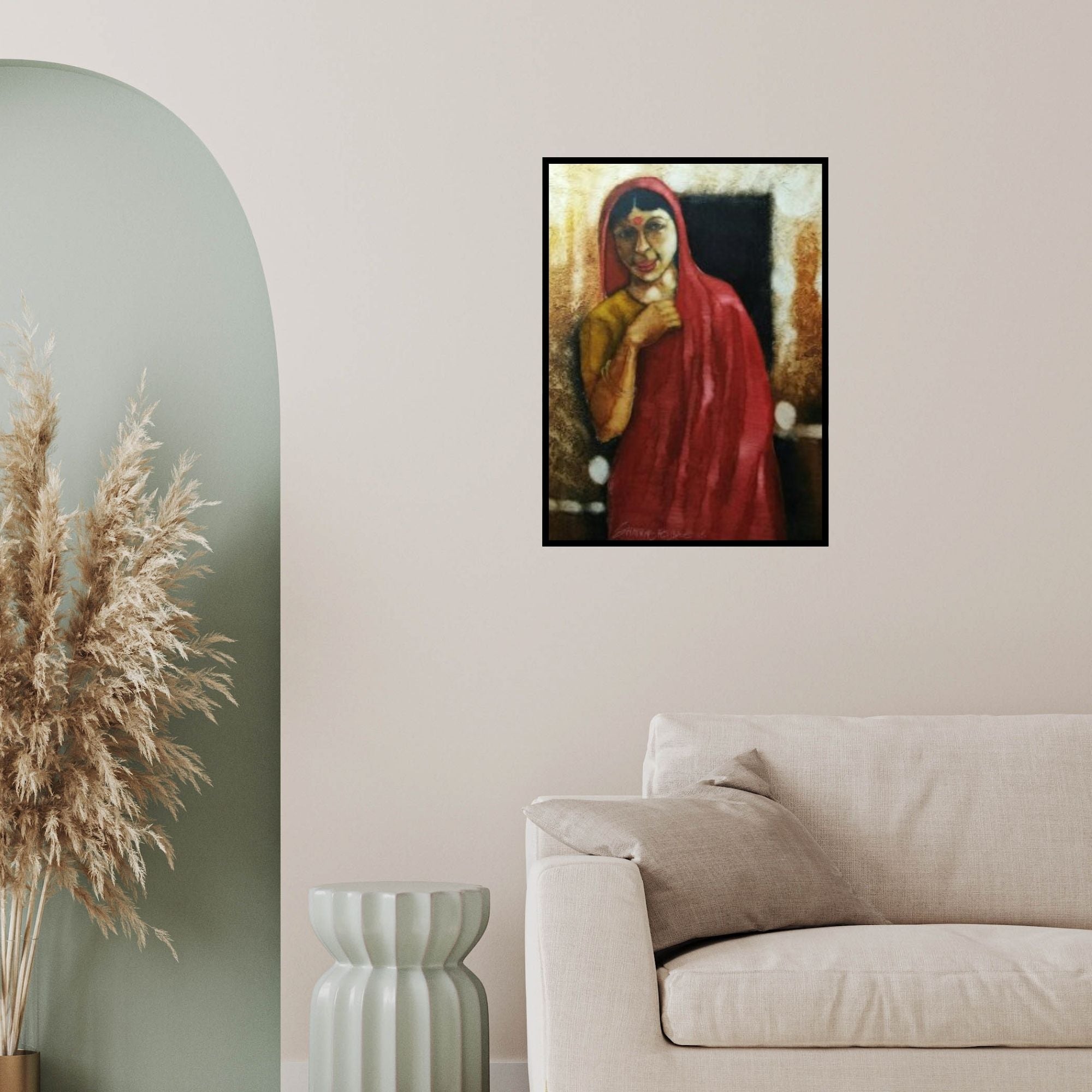 In-situ view of Shankar Kendale's 'Woman In Red Saree' painting in a room