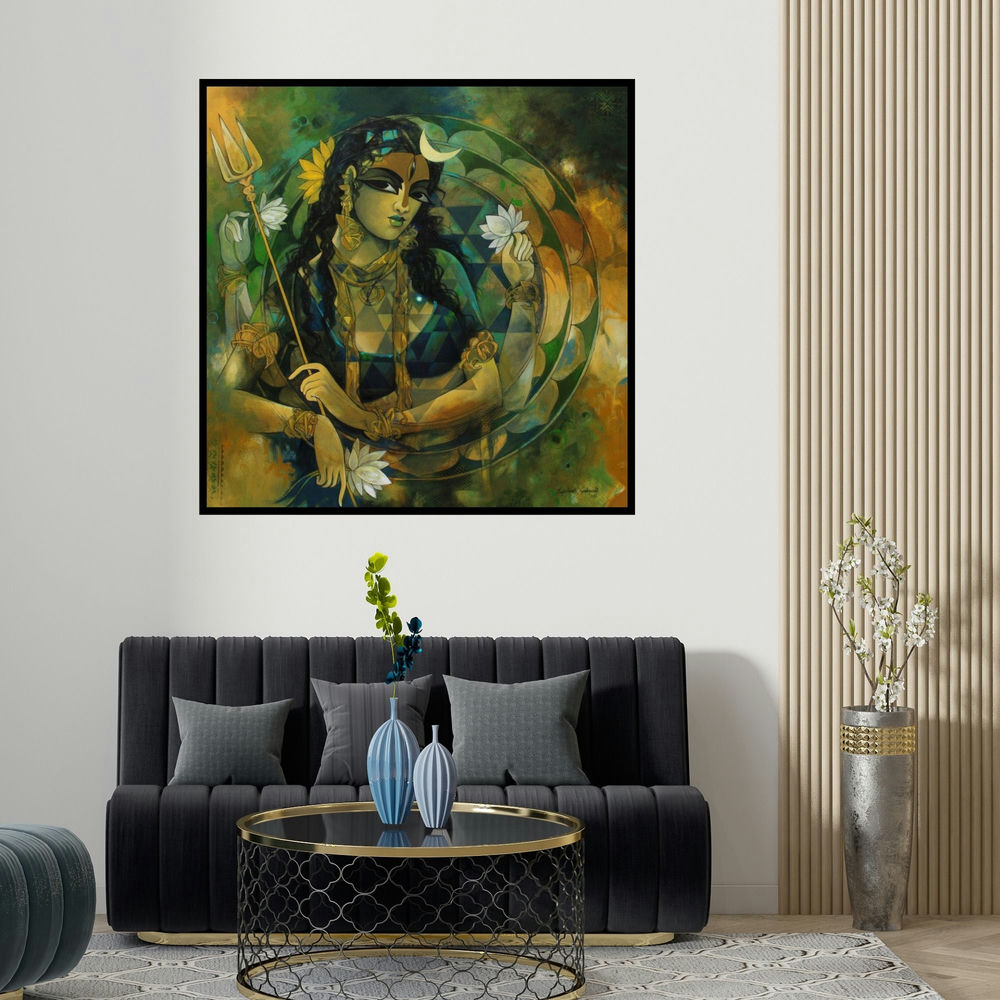 Rajeshwar Nyalapalli's 'Woman With Sri Chekra' painting visualized above a sofa in a contemporary room.