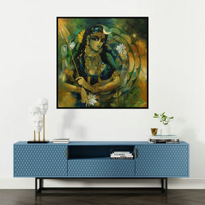 'Woman With Sri Chekra' painting by Rajeshwar Nyalapalli shown on a wall in a furnished room.