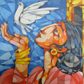 Figurative acrylic painting titled 'Woman With a Bird', 12x12 inches, by artist Pradip Goswami on Canvas
