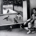 Figurative mixed media painting titled 'Woman With Birds', 31x39 inches, by artist Kalipada Purkait on Paper