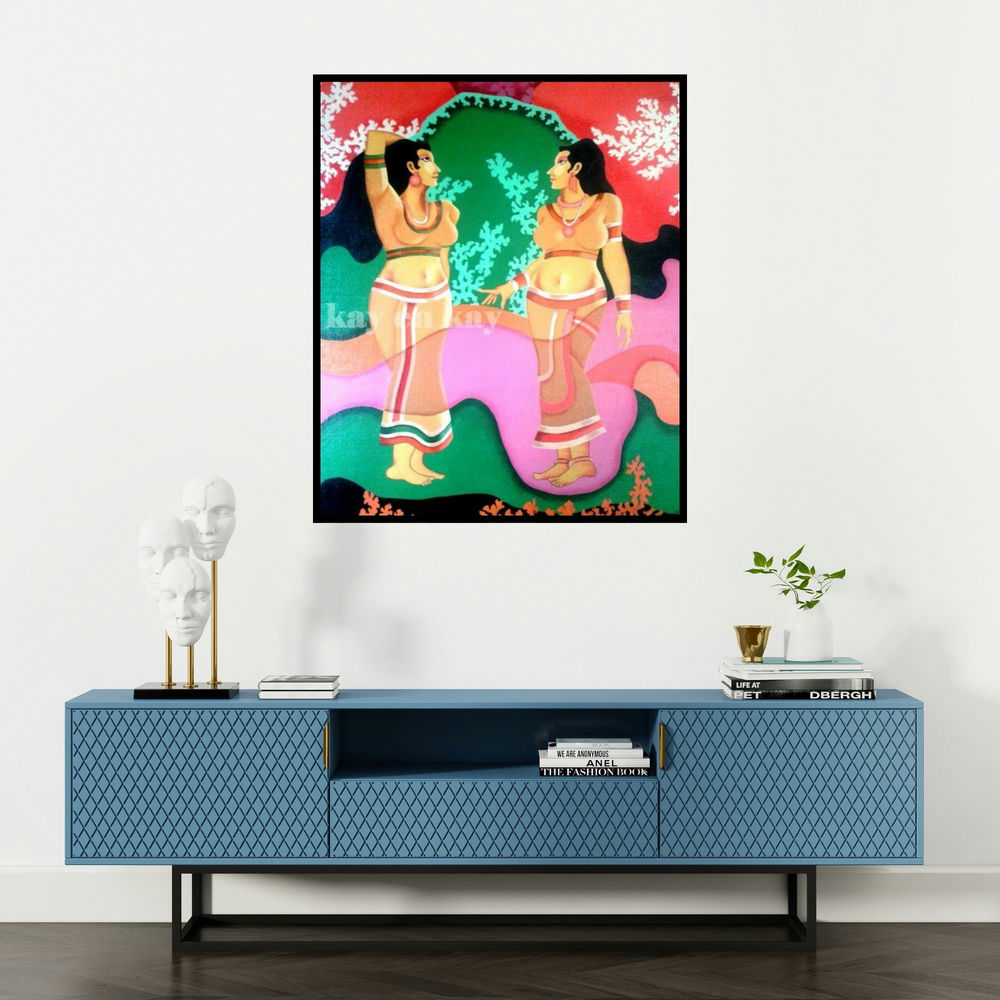 Narayanankutty Kasthuril's 'Women' painting visualized above a sofa in a contemporary room.