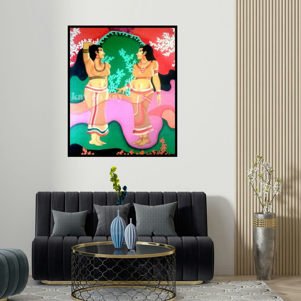 'Women' painting by Narayanankutty Kasthuril shown on a wall in a furnished room.