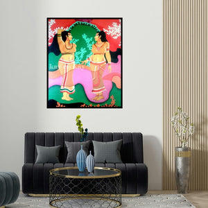 'Women' painting by Narayanankutty Kasthuril shown on a wall in a furnished room.