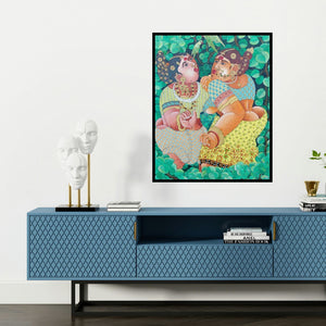 'Women 1 (Two Women)' painting by Bhawandla Narahari shown on a wall in a furnished room.