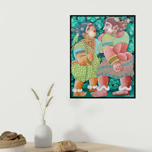 Bhawandla Narahari's 'Women 2 (Contemplation)' painting visualized above a sofa in a contemporary room.