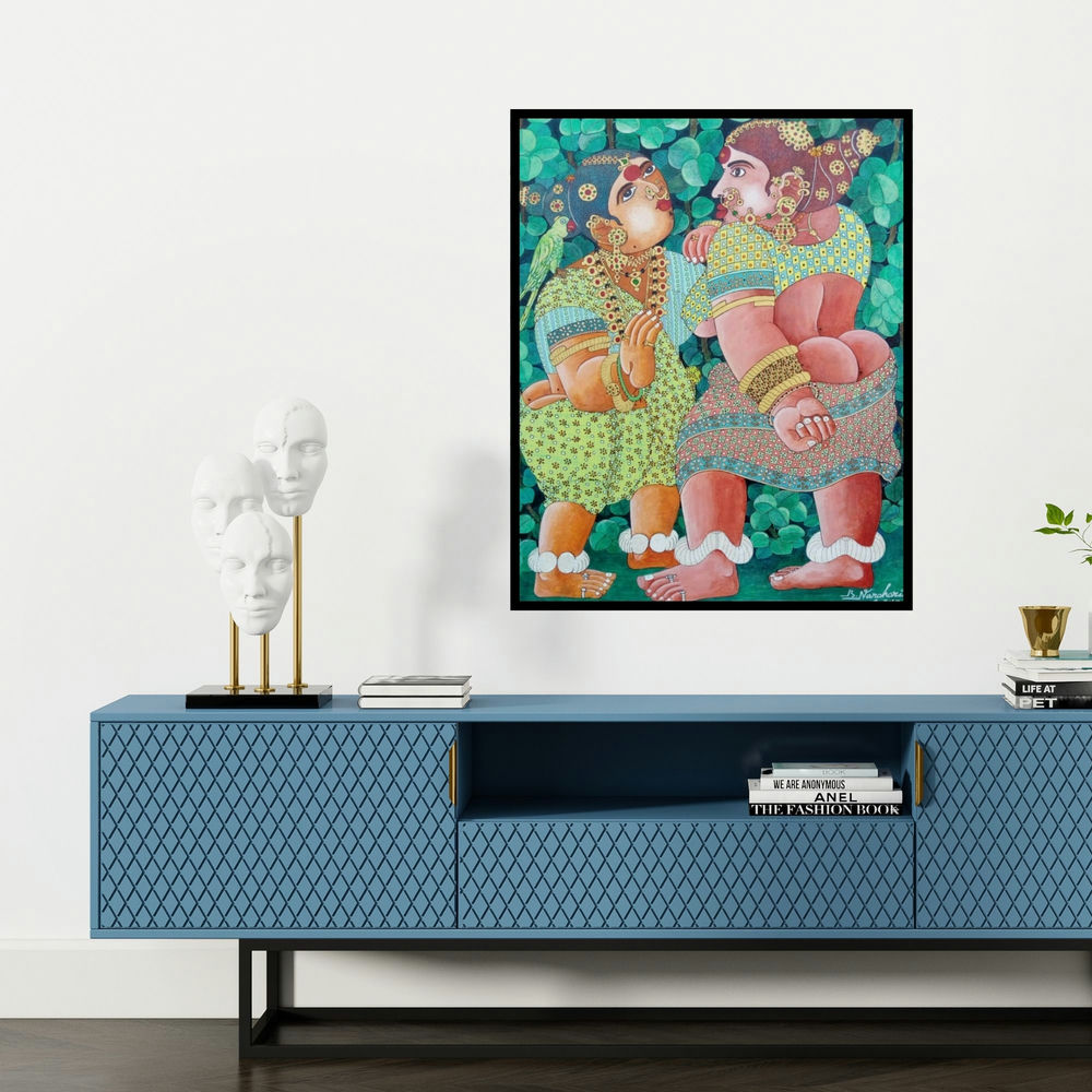'Women 2 (Contemplation)' painting by Bhawandla Narahari shown on a wall in a furnished room.