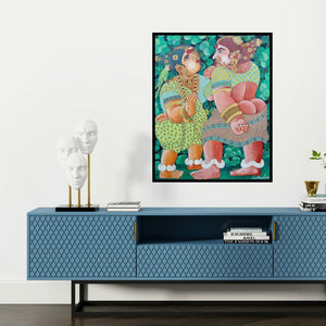 'Women 2 (Contemplation)' painting by Bhawandla Narahari shown on a wall in a furnished room.