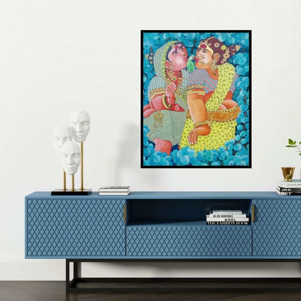 'Women 3 (Divine Embrace)' painting by Bhawandla Narahari shown on a wall in a furnished room.
