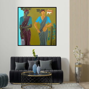 Abhiram Bairu's 'The Women' painting visualized above a sofa in a contemporary room.