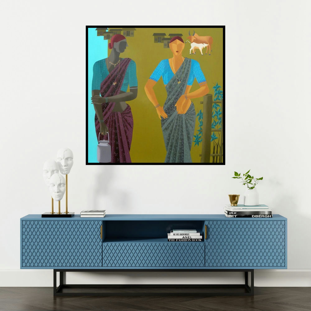 'The Women' painting by Abhiram Bairu shown on a wall in a furnished room.