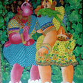 Figurative acrylic painting titled 'Women and Parrot', 30x24 inches, by artist Bhawandla Narahari on Canvas