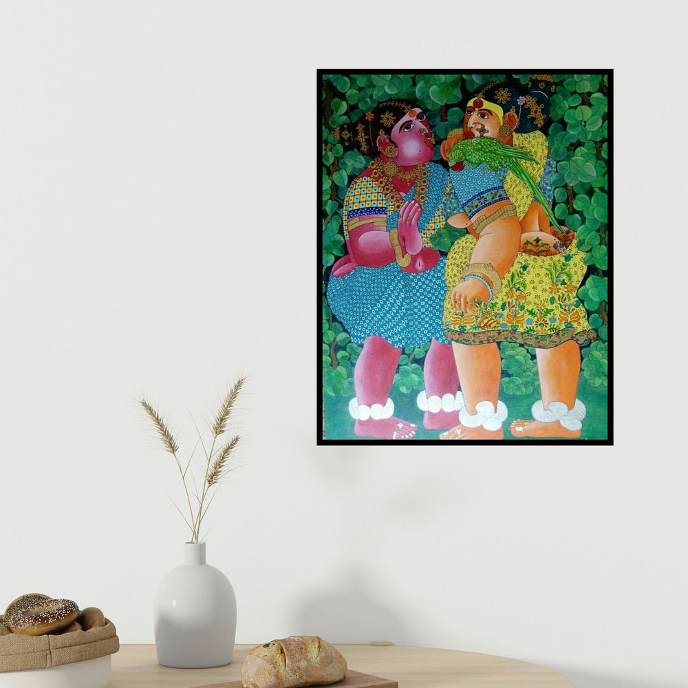 Bhawandla Narahari's 'Women And Parrot (Two Women and a Parrot)' painting visualized above a sofa in a contemporary room.