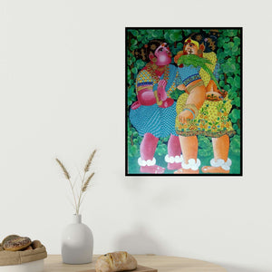 Bhawandla Narahari's 'Women And Parrot (Two Women and a Parrot)' painting visualized above a sofa in a contemporary room.