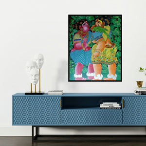 'Women And Parrot (Two Women and a Parrot)' painting by Bhawandla Narahari shown on a wall in a furnished room.