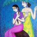 Figurative acrylic painting titled 'Women Enjoying Rain 1', 40x30 inches, by artist Pravin Utge on Canvas