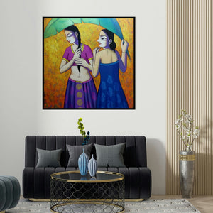 Pravin Utge's 'Women Enjoying Rain' painting visualized above a sofa in a contemporary room.