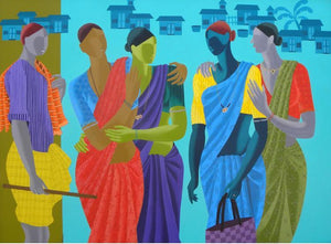 Women Get Together by Abhiram Bairu, Original Acrylic Figurative Painting on Canvas, Large Horizontal Wall Art