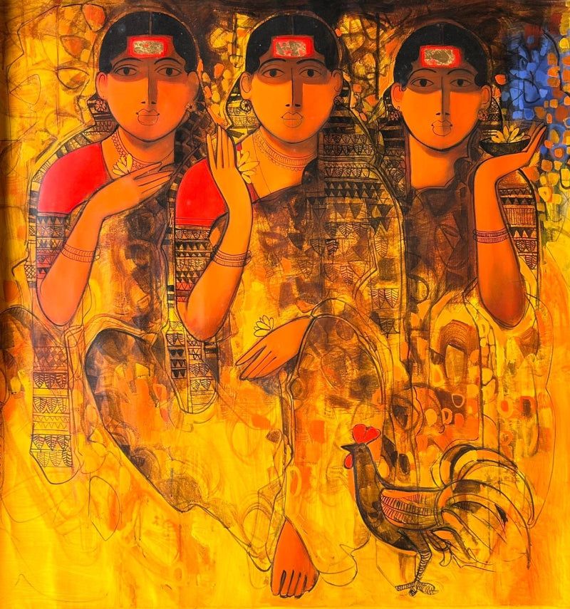 Women Gossiping 22' figurative acrylic painting by artist Sachin Sagare, 48x48 inch, on canvas
