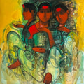 Women Gossiping 23' figurative acrylic painting by artist Sachin Sagare, 36x36 inch, on canvas