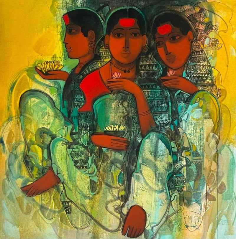 Women Gossiping 23' figurative acrylic painting by artist Sachin Sagare, 36x36 inch, on canvas