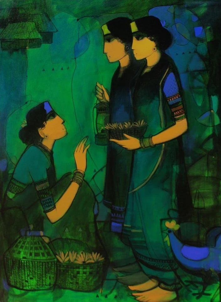 Women Gossiping 24' figurative acrylic painting by artist Sachin Sagare, 48x36 inch, on canvas