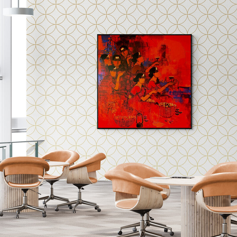 Preview of 'Women In Group 5 (Devotion's Glow)' Painting by Sachin Sagare shown on a wall in a furnished room.