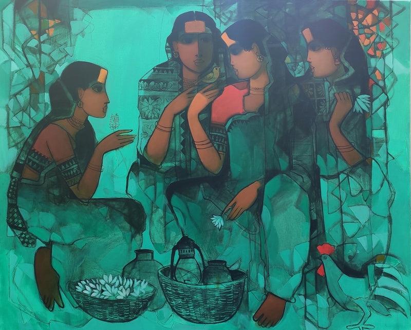 Figurative acrylic painting titled 'Women In Group 2', 48x60 inches, by artist Sachin Sagare on Canvas