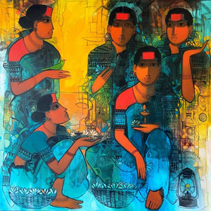 Women In Group 8 (A Moment of Connection) by Sachin Sagare, Original Acrylic Figurative Painting on Canvas, X-Large Square Wall Art