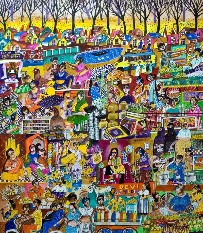 Figurative acrylic painting titled 'Women MArket Bazar', 44x50 inches, by artist Arun K Mishra on Canvas