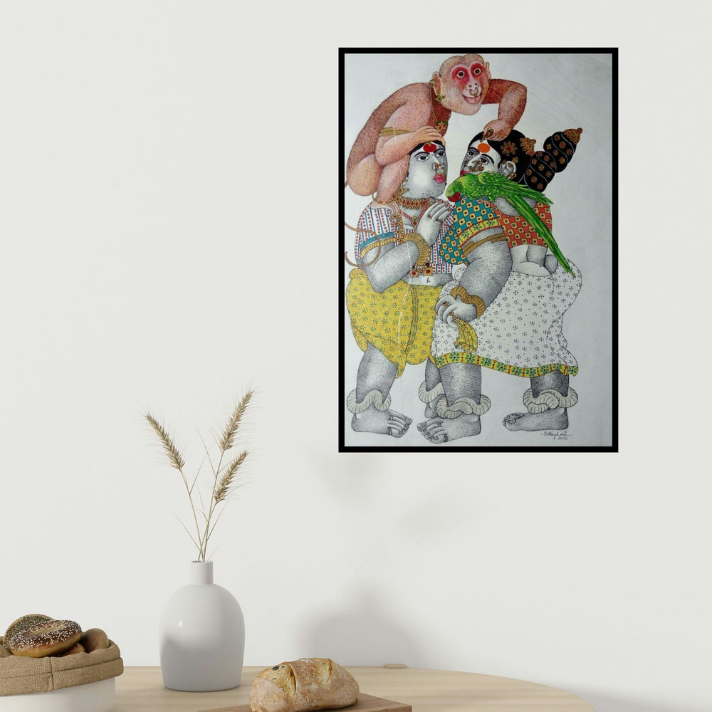 Bhawandla Narahari's 'Women With Monkey' painting visualized above a sofa in a contemporary room.