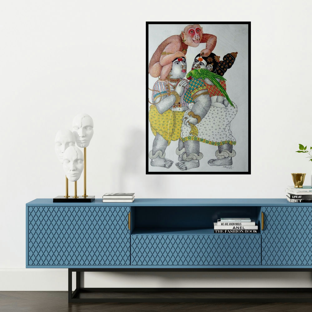 'Women With Monkey' painting by Bhawandla Narahari shown on a wall in a furnished room.