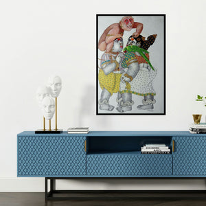 'Women With Monkey' painting by Bhawandla Narahari shown on a wall in a furnished room.